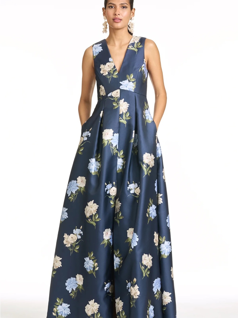 Sachin + Babi Navy Floral V-Neck Evening Gown